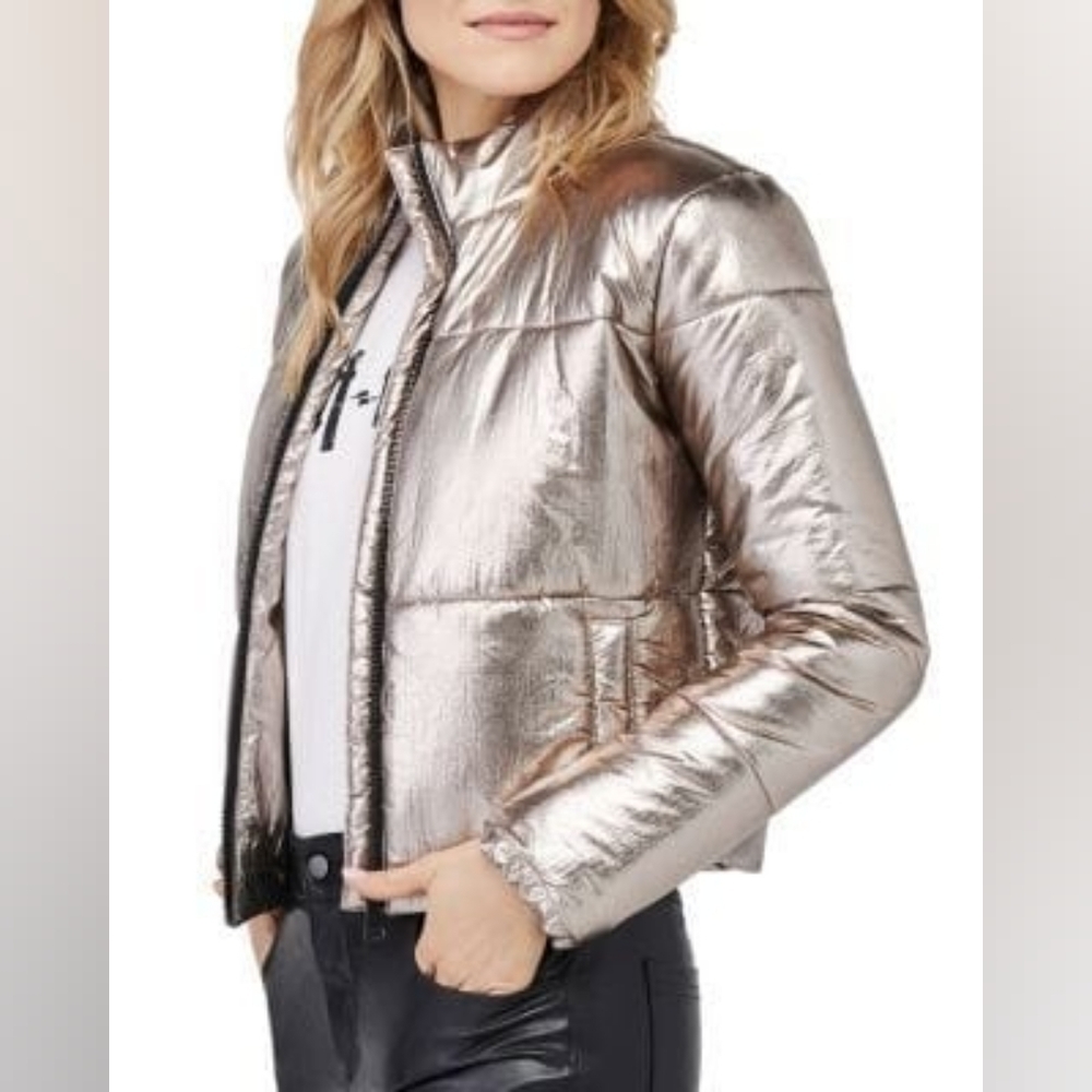 DAVID LERNER Bella Metallic Crop Puffer Funnel Neck Jacket in Gold